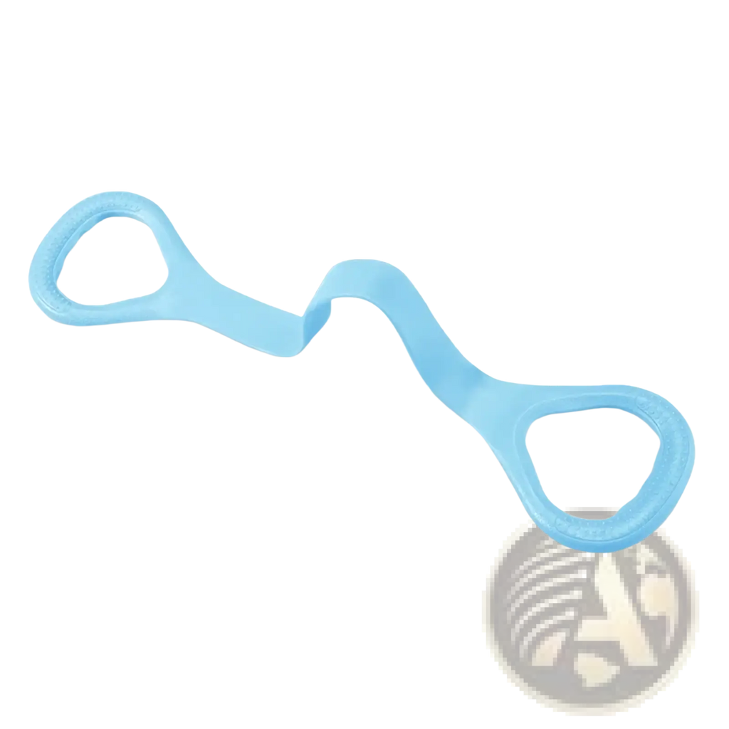 Light blue silicone figure 8 resistance band with flexible curved design and two looped handles for workout and stretching