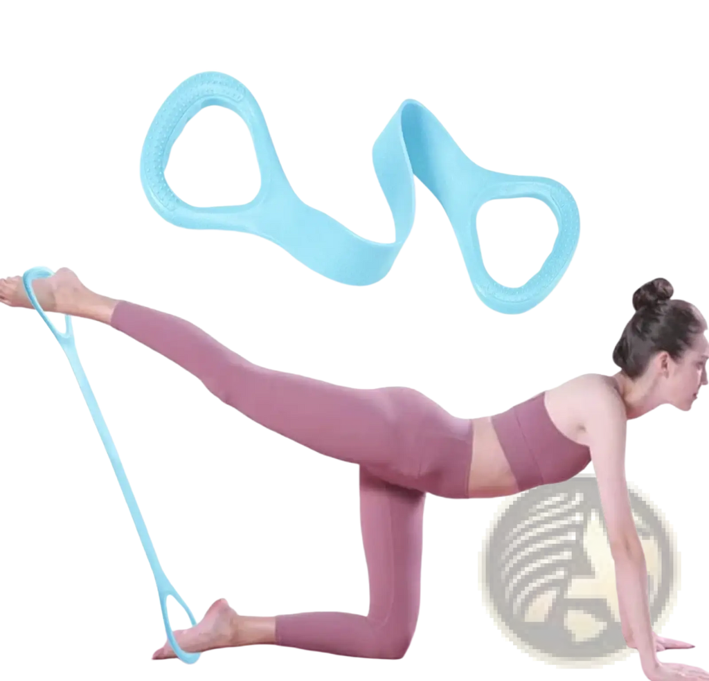 Light blue silicone figure 8 resistance band with two loop handles for workout and stretching exercises