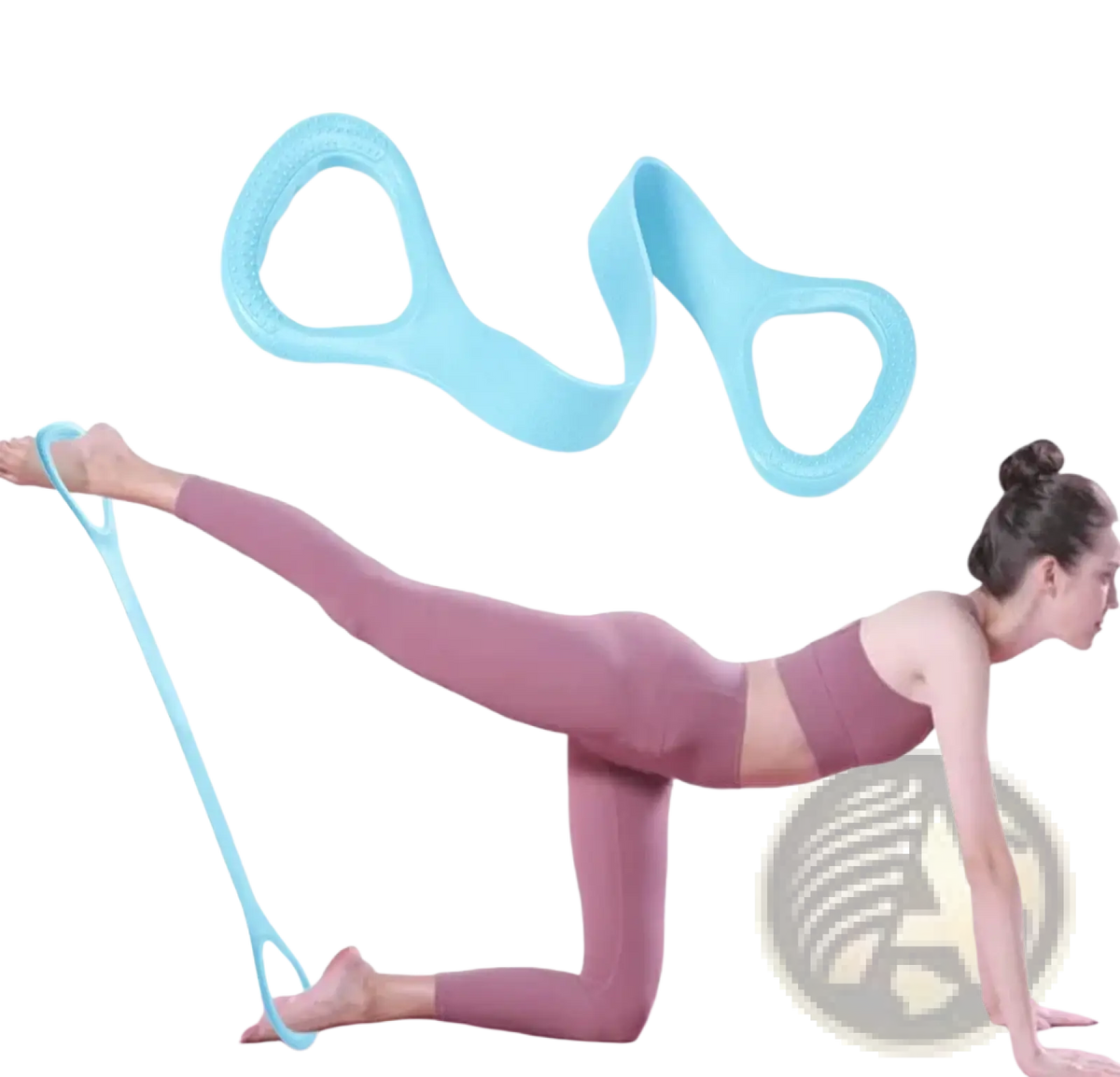 Light blue silicone figure 8 resistance band with two loop handles for workout and stretching exercises