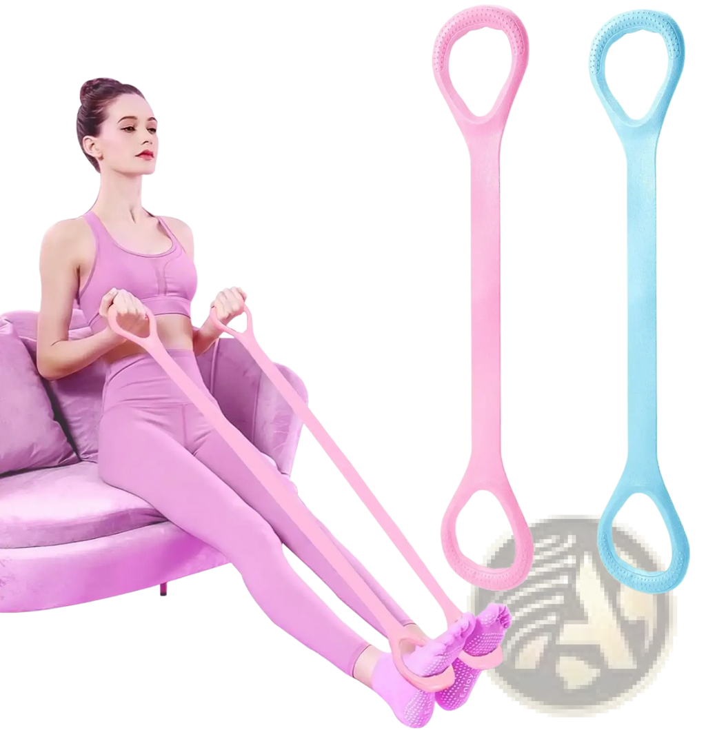 Figure 8 resistance band made of pink and blue silicone with looped handles for workout and stretching exercises