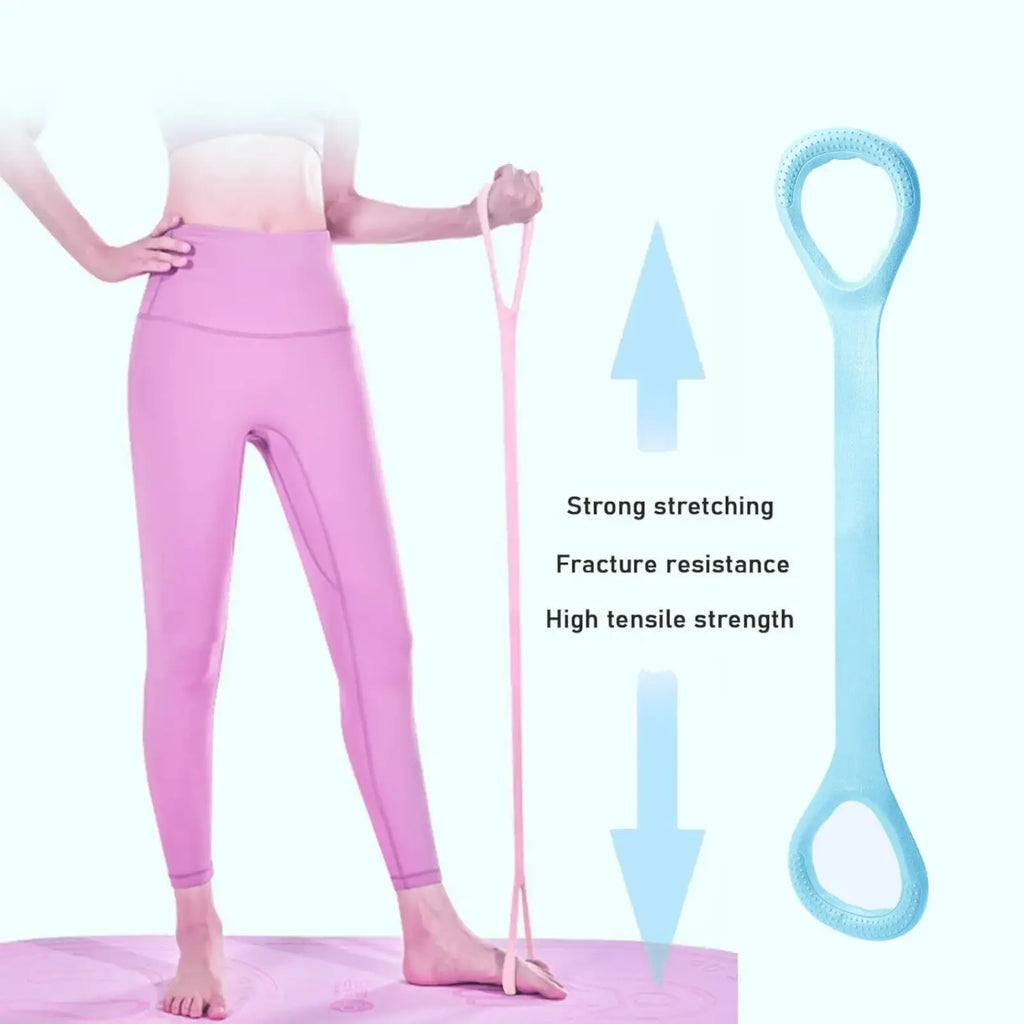 Figure 8 resistance band with pink elastic and light blue handle for stretching and strength training workouts