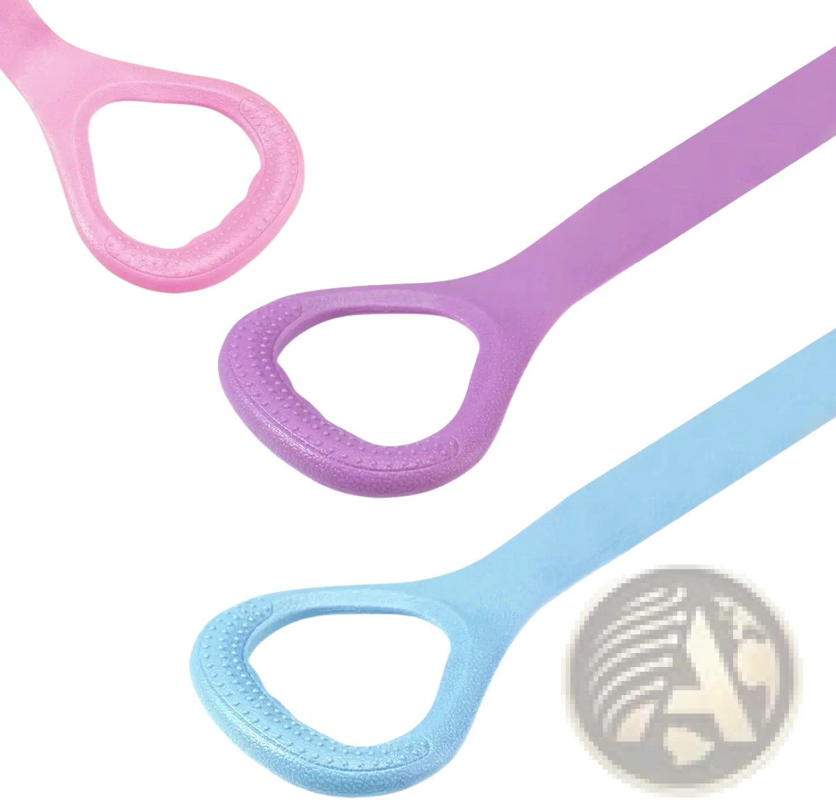 Pink purple and blue silicone tongue scrapers with textured anti-skid handles designed for comfortable grip use