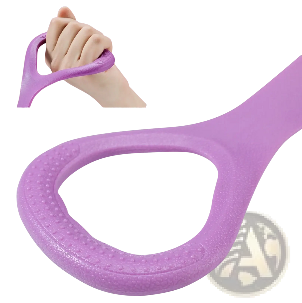 Figure 8 resistance band with purple silicone grip handle featuring textured dotted surface for enhanced hold during workouts