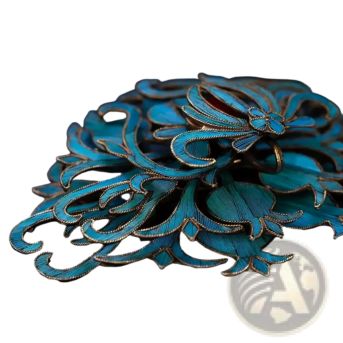 A delicate turquoise enamel filigree brooch with intricate gold-toned floral design from palace jewelry