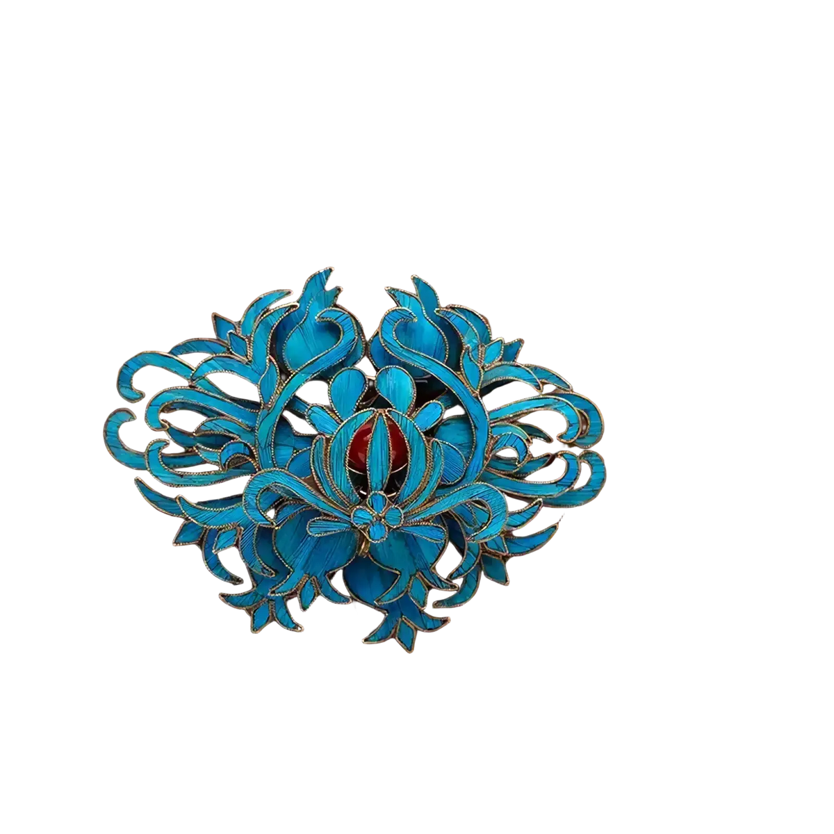 Filigree brooch turquoise floral palace jewelry with a turquoise enamel floral design gold trim and central red gemstone