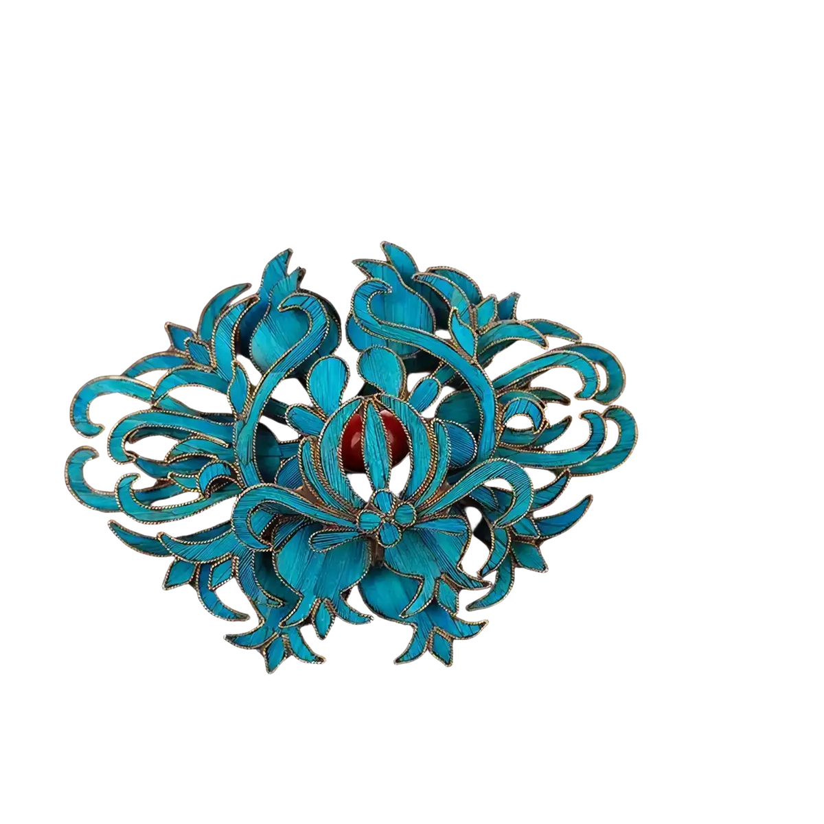 Filigree brooch turquoise floral enamel with gold-toned outlines and central red gemstone palace jewelry accessory