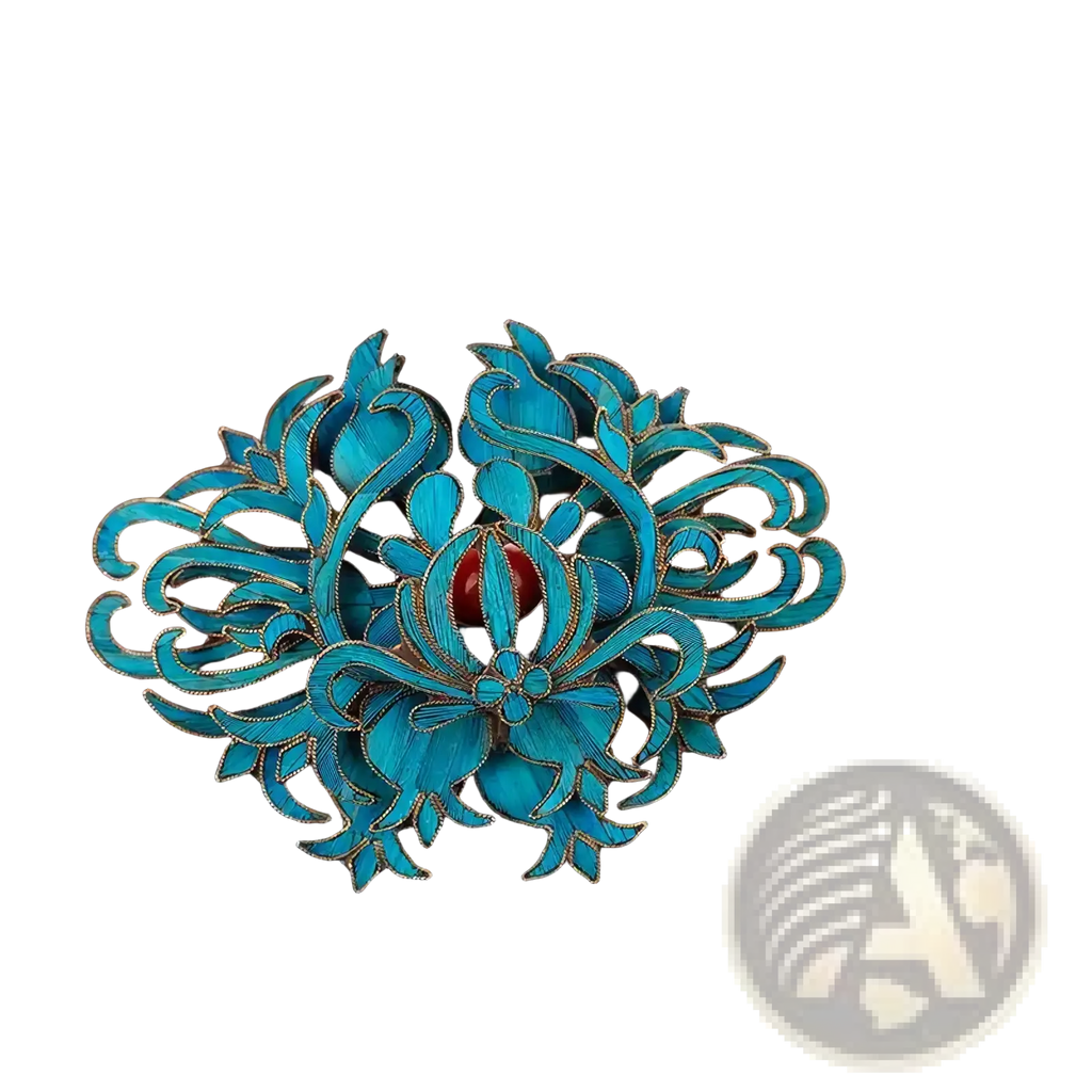 Filigree brooch turquoise floral enamel with gold-toned outlines and central red gemstone palace jewelry accessory
