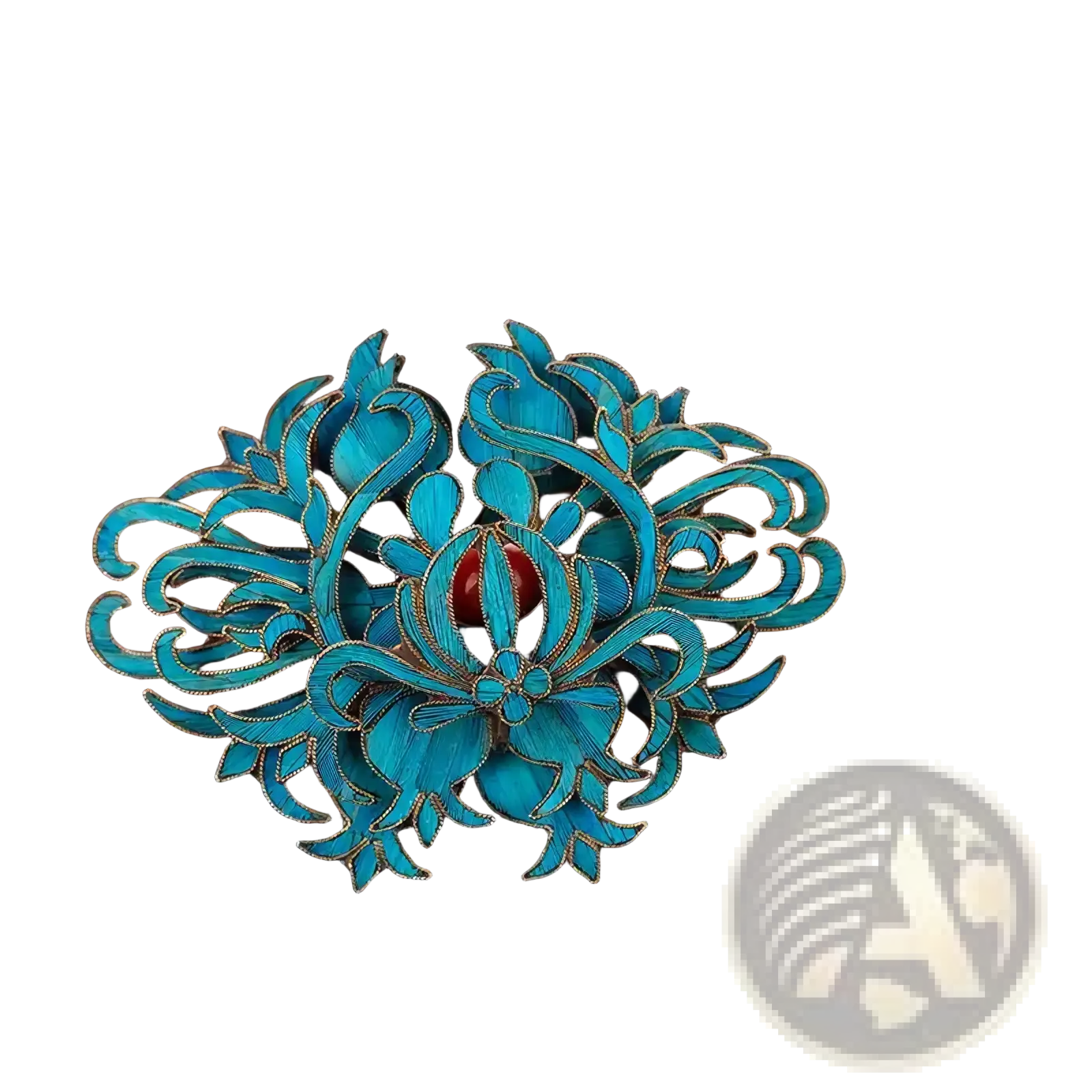 Filigree brooch turquoise floral enamel with gold-toned outlines and central red gemstone palace jewelry accessory