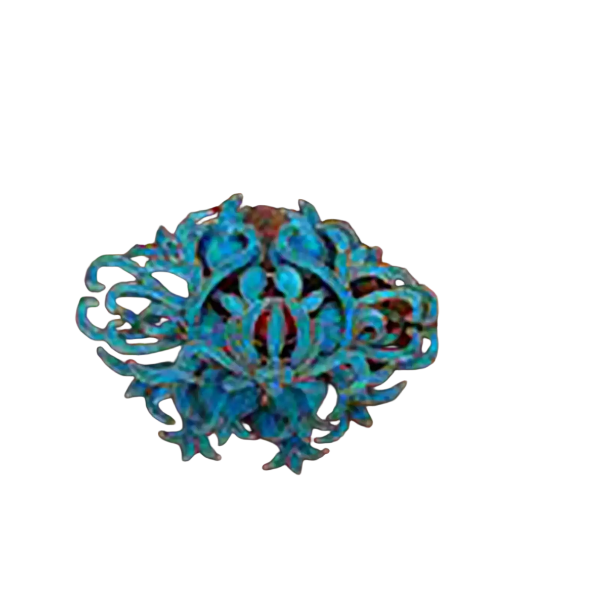 Filigree brooch turquoise floral palace jewelry with intricate turquoise metal floral filigree on rustic wooden frame