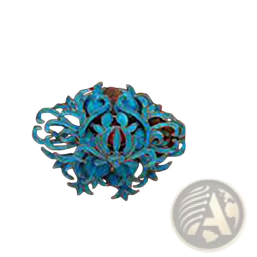 Filigree brooch turquoise floral palace jewelry with intricate turquoise metal floral filigree on rustic wooden frame