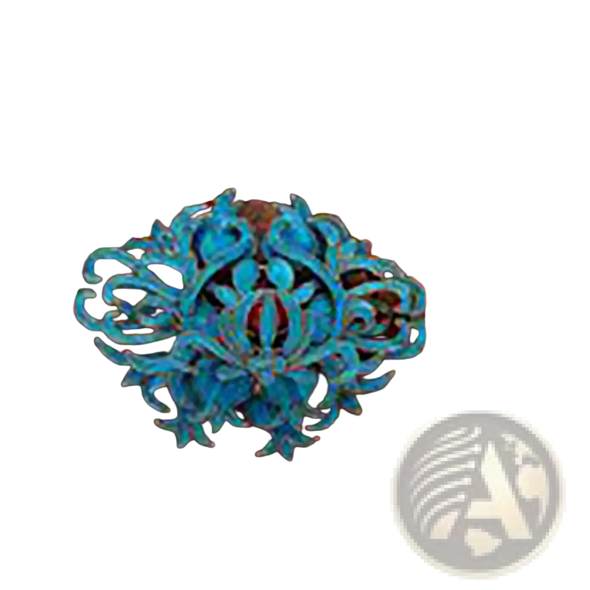 Filigree brooch turquoise floral palace jewelry with intricate turquoise metal floral filigree on rustic wooden frame