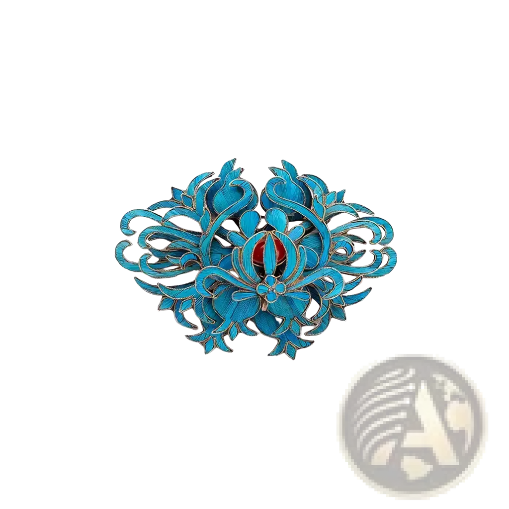 Filigree brooch turquoise floral palace jewelry with vibrant enamel filigree and central red gemstone accent