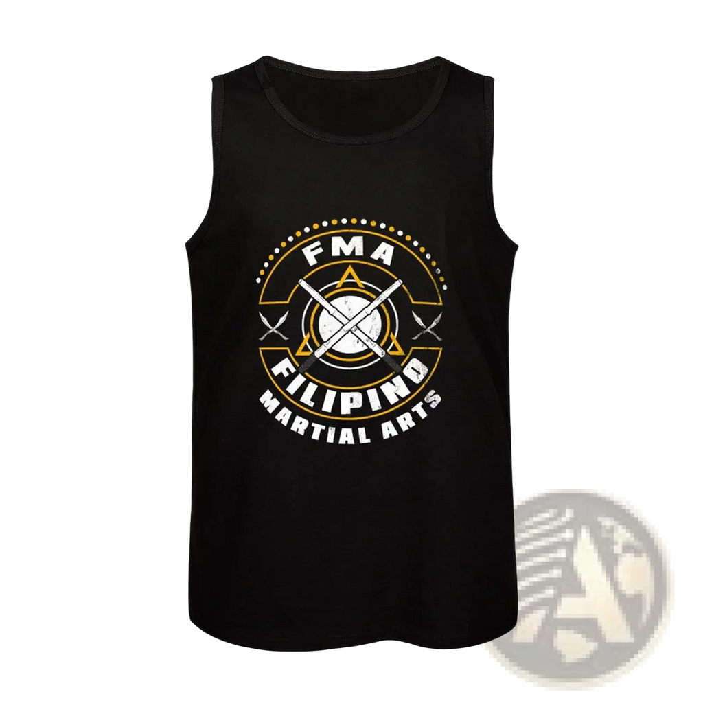 Black sleeveless Filipino martial arts tank top with circular fma graphic and gold outlined martial arts weapons design