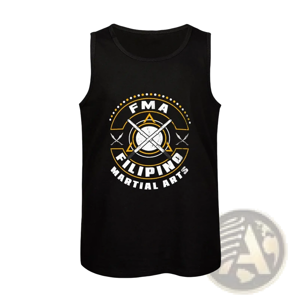 Black sleeveless Filipino martial arts tank top with circular fma graphic and gold outlined martial arts weapons design