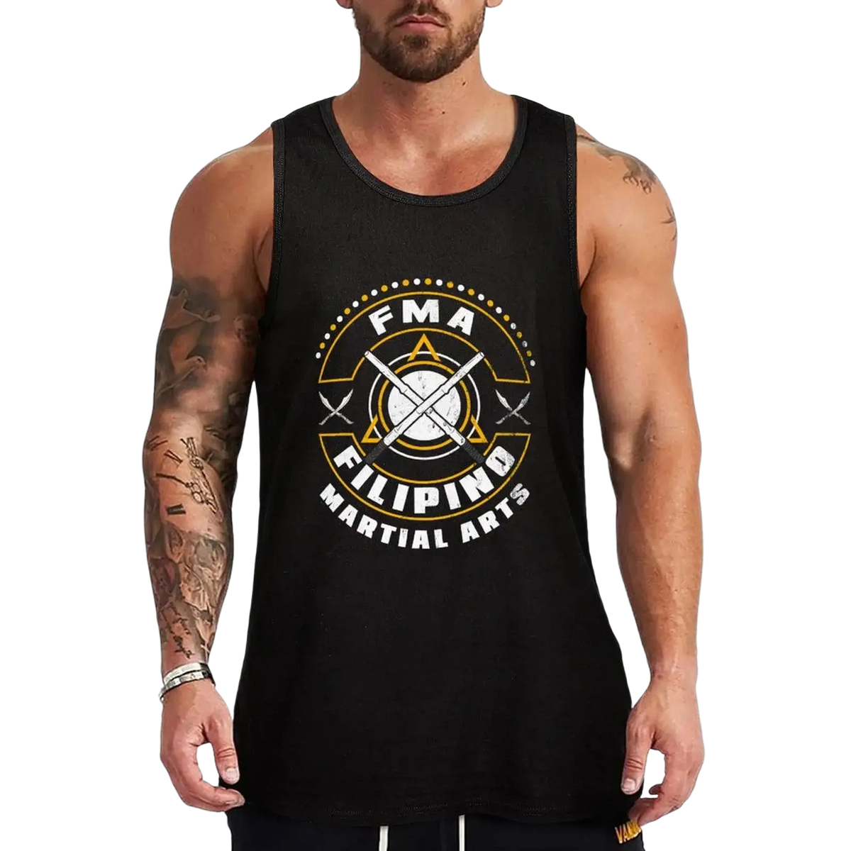 Black sleeveless Filipino martial arts tank top featuring bold gold and white circular logo with crossed martial arts weapons
