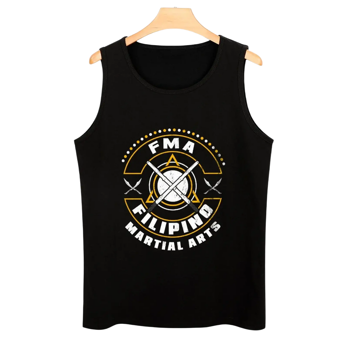 Black sleeveless Filipino Martial Arts tank top featuring bold circular FMA graphic with swords and gold accents