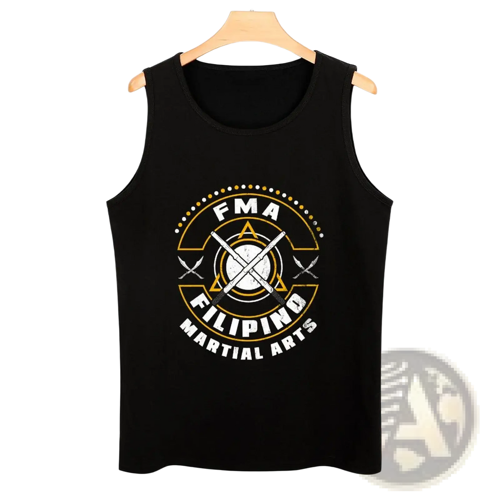 Black sleeveless Filipino Martial Arts tank top featuring bold circular FMA graphic with swords and gold accents