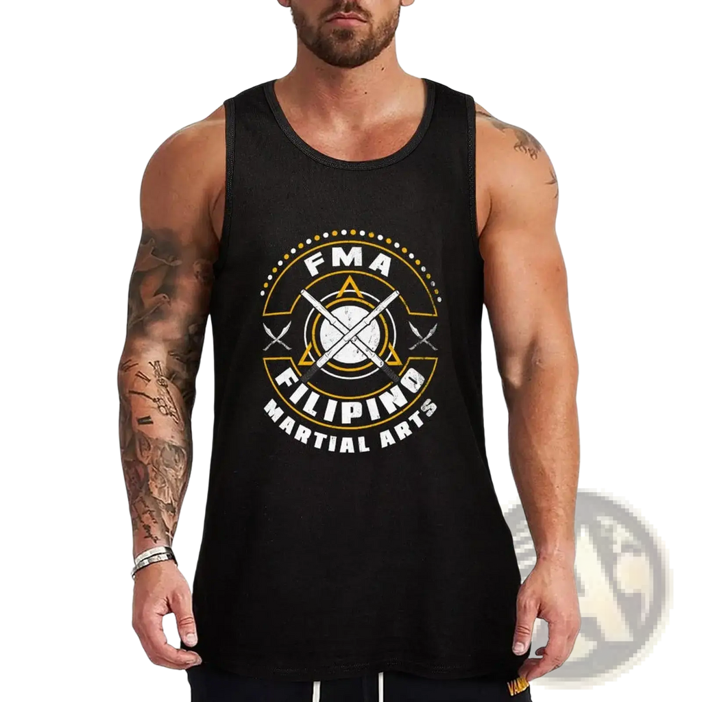 Black sleeveless Filipino martial arts tank top featuring bold gold and white circular logo with crossed martial arts weapons