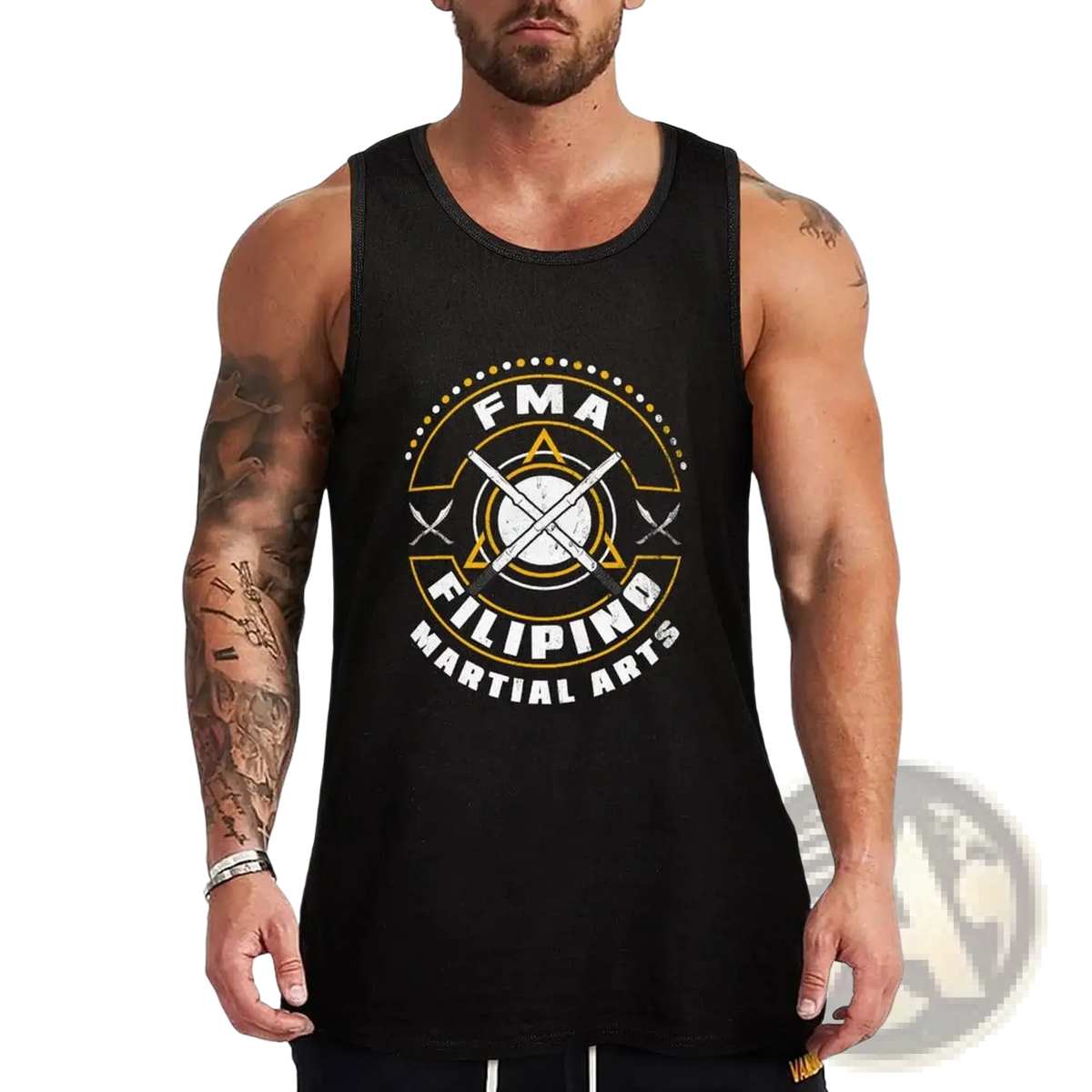 Black sleeveless Filipino martial arts tank top featuring bold gold and white circular logo with crossed martial arts weapons