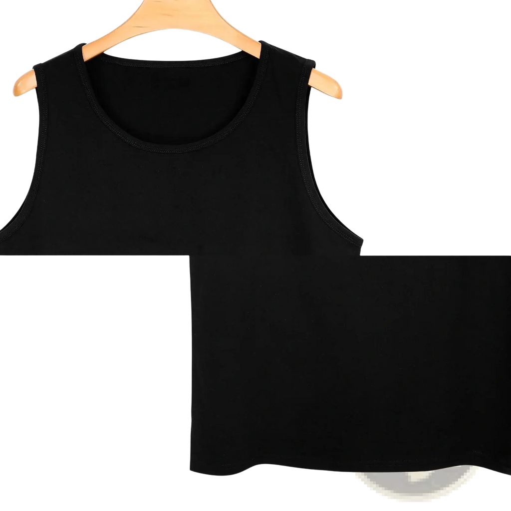 Black sleeveless Filipino martial arts tank top with round neckline made of smooth stretchy fabric for gym use