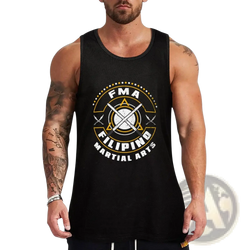 Black sleeveless tank top featuring bold circular fma Filipino martial arts graphic with crossed weapons gym shirt design