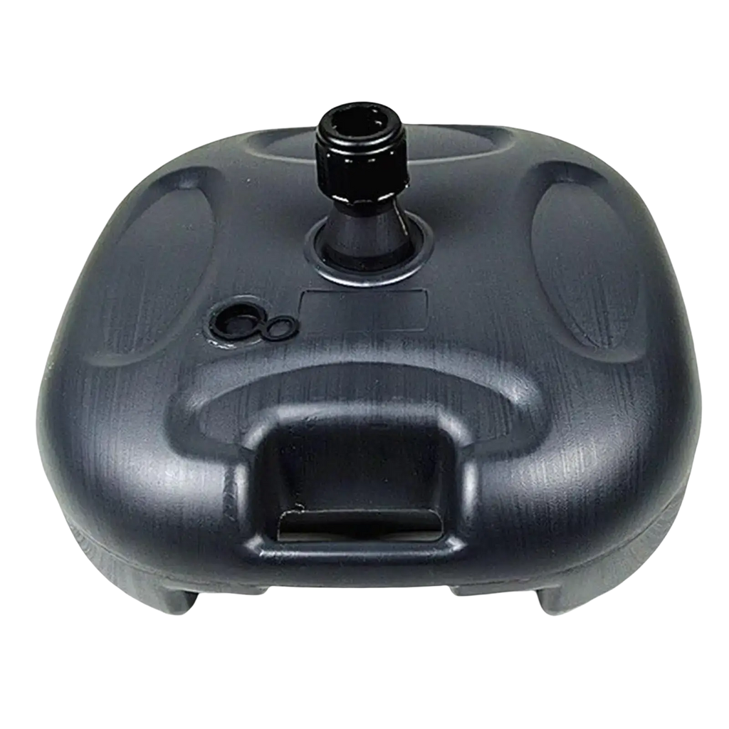 Black plastic fillable patio umbrella base with central threaded attachment and molded side handles umbrella stand