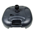 Black plastic fillable patio umbrella base with central threaded attachment and molded side handles umbrella stand