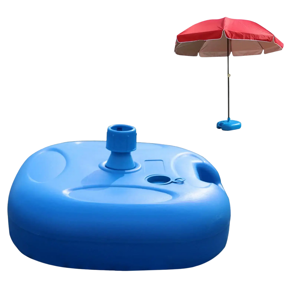 Blue plastic fillable umbrella base with central mounting post and side handles for patio umbrella stand use