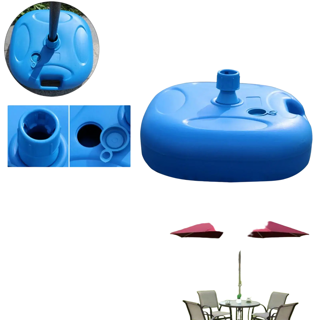 Blue plastic fillable umbrella base with central pole hole and side handles for patio umbrella stand stability