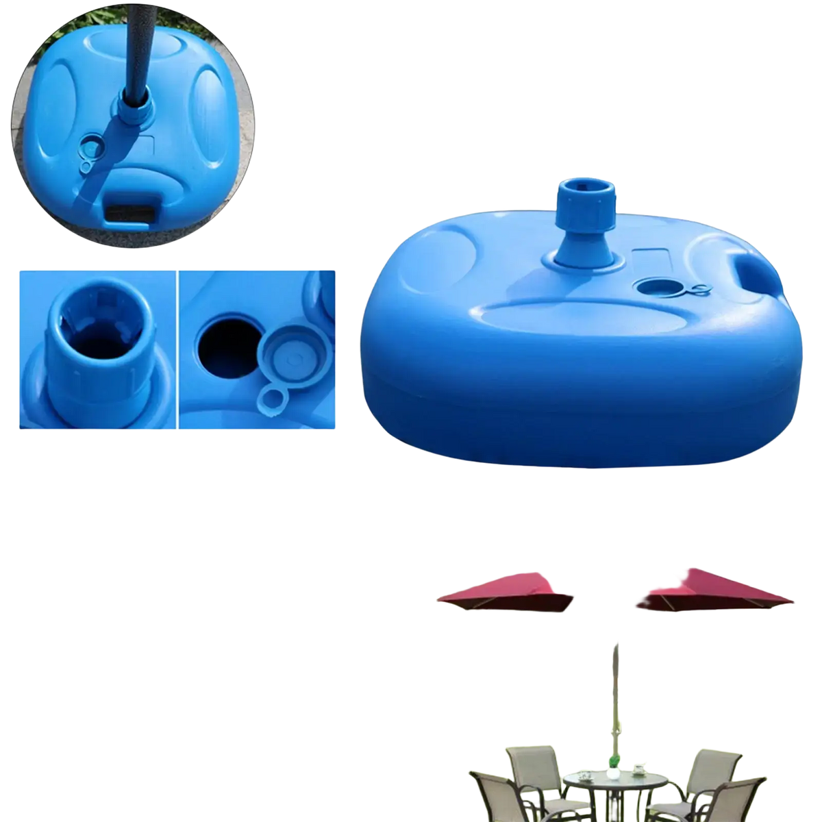 Blue plastic fillable umbrella base with central pole hole and side handles for patio umbrella stand stability