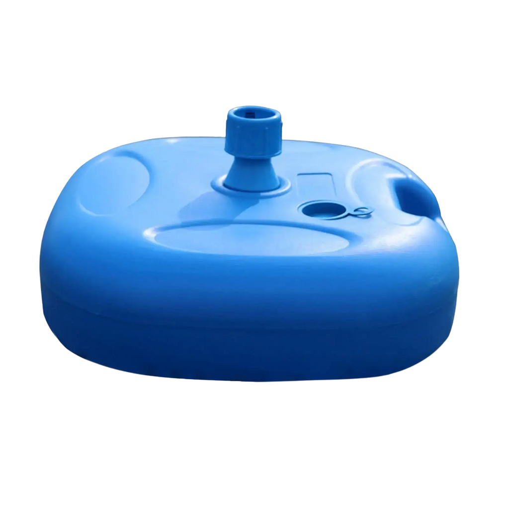 Blue fillable plastic umbrella base with a central cylindrical attachment for patio umbrella stand stability