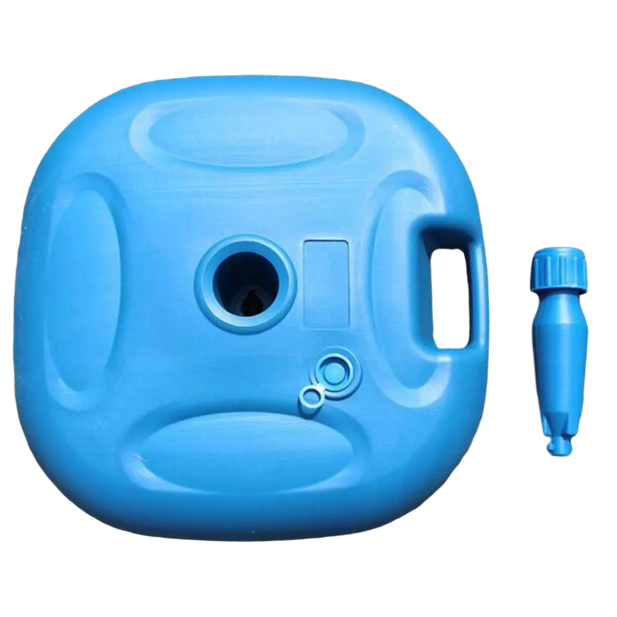 Blue plastic fillable umbrella base with integrated handle and spout attachment for patio umbrella stand use
