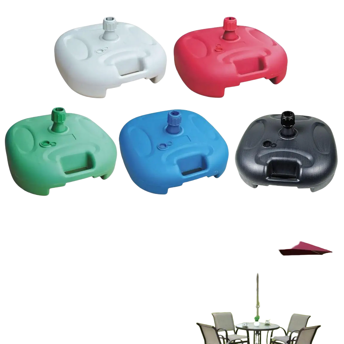 Fillable plastic umbrella base in white red green blue and black for securing patio umbrella stands