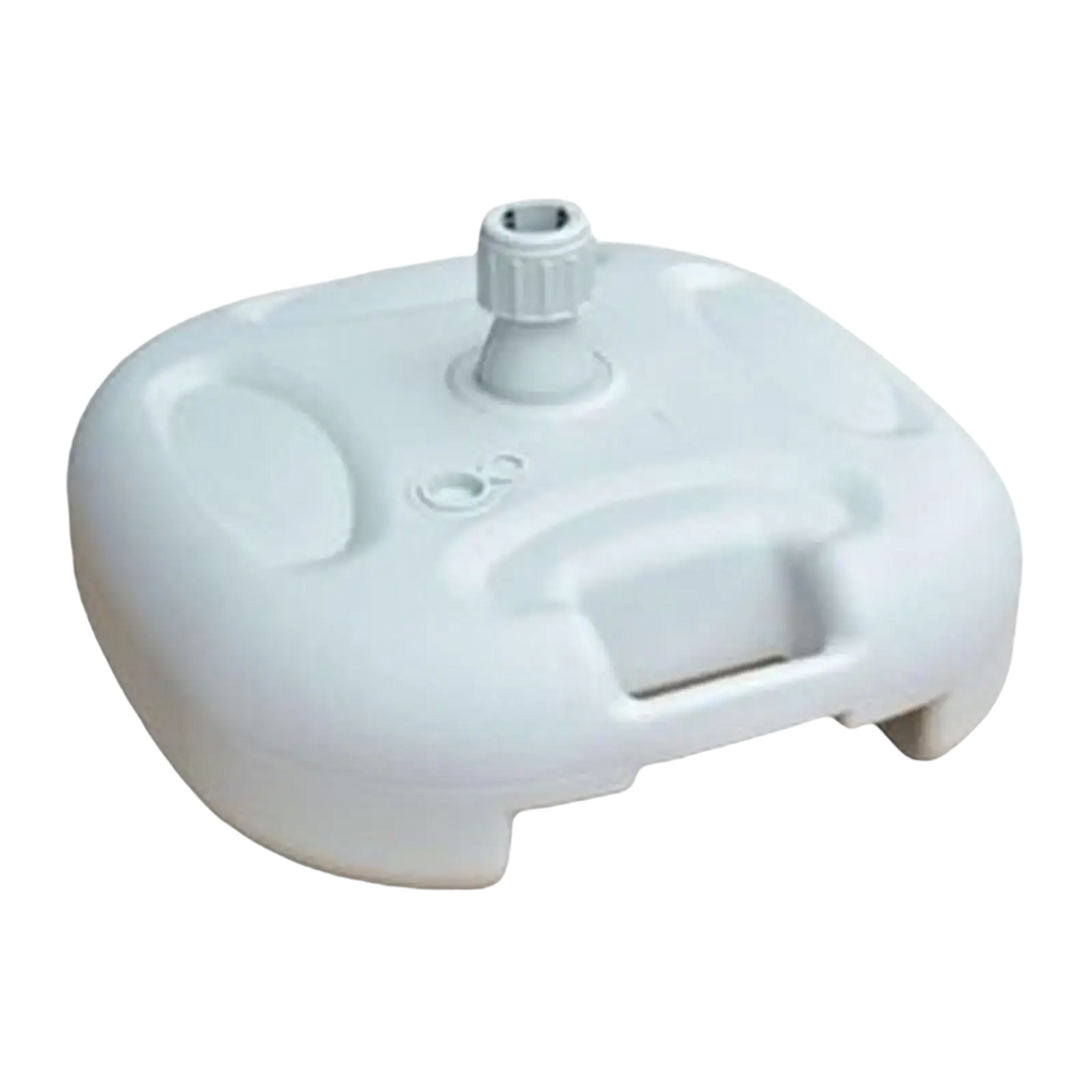 White plastic fillable umbrella base with central threaded base and molded handle grip for patio umbrella stand