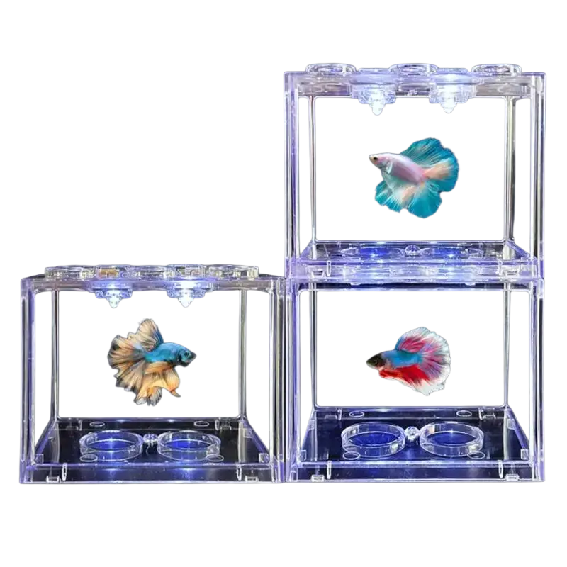 Clear acrylic filtered betta fish tank with built-in led lighting and circular water bowls in a stackable mini aquarium design