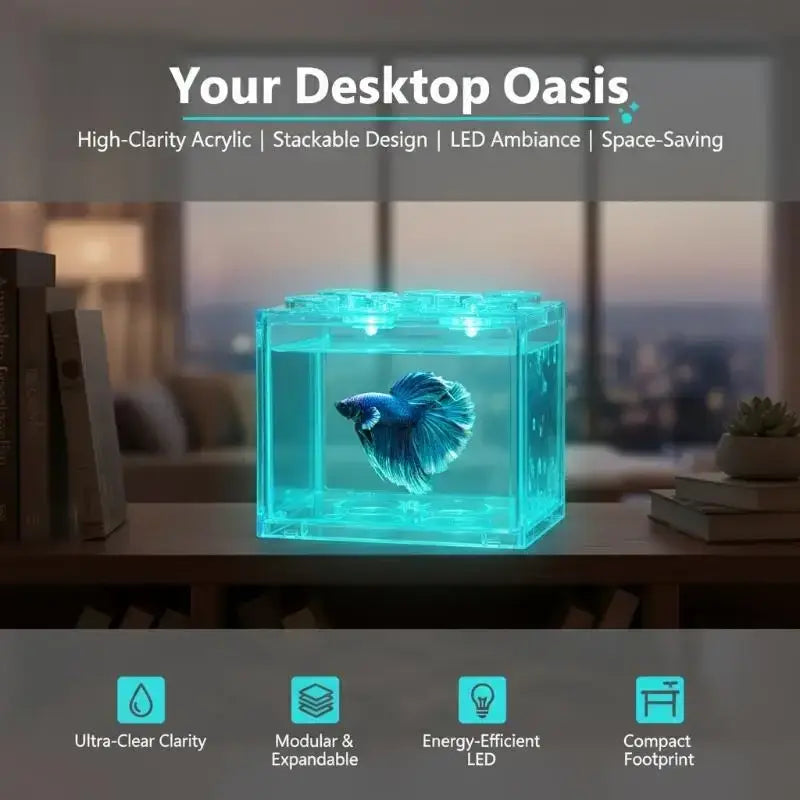 A translucent turquoise filtered acrylic betta fish tank illuminated by led lights with a blue betta fish inside