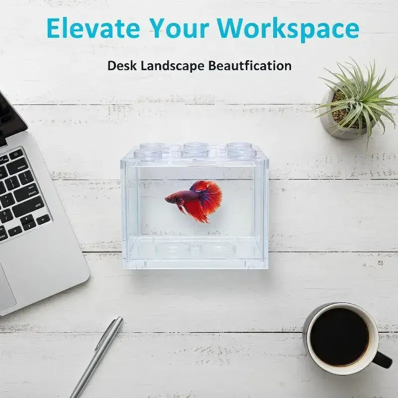Filtered acrylic betta fish tank featuring a transparent stackable mini aquarium with vibrant red and purple betta fish