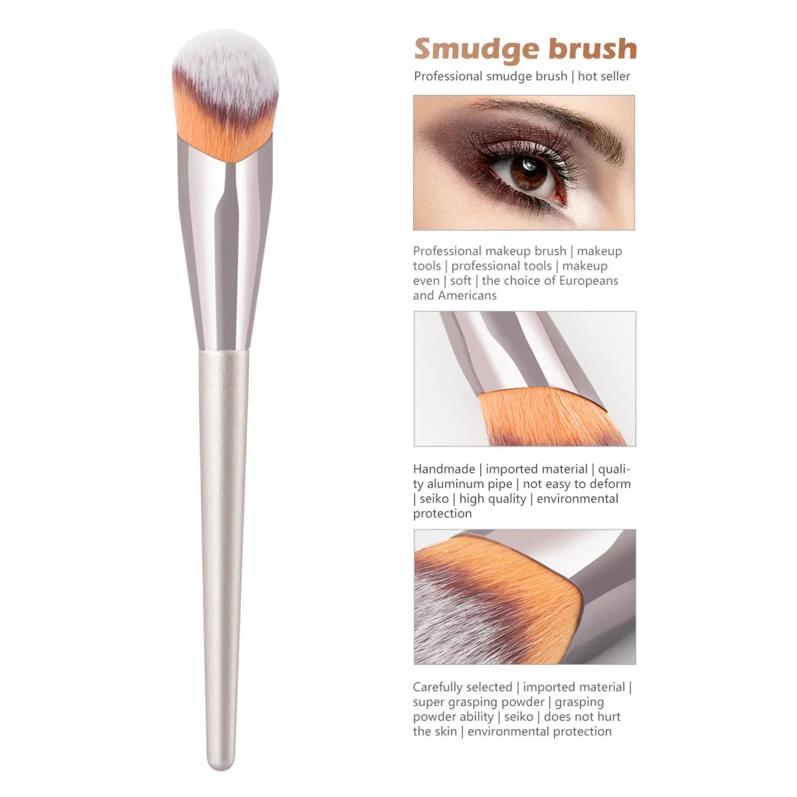 Silver smudge finger belly makeup brush with soft dense bristles and sleek aluminum handle for professional contouring