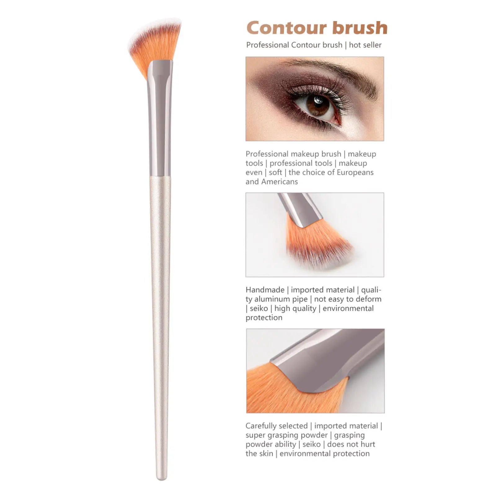 Finger belly makeup brush professional contour tool with sleek silver aluminum handle and soft orange brown bristles