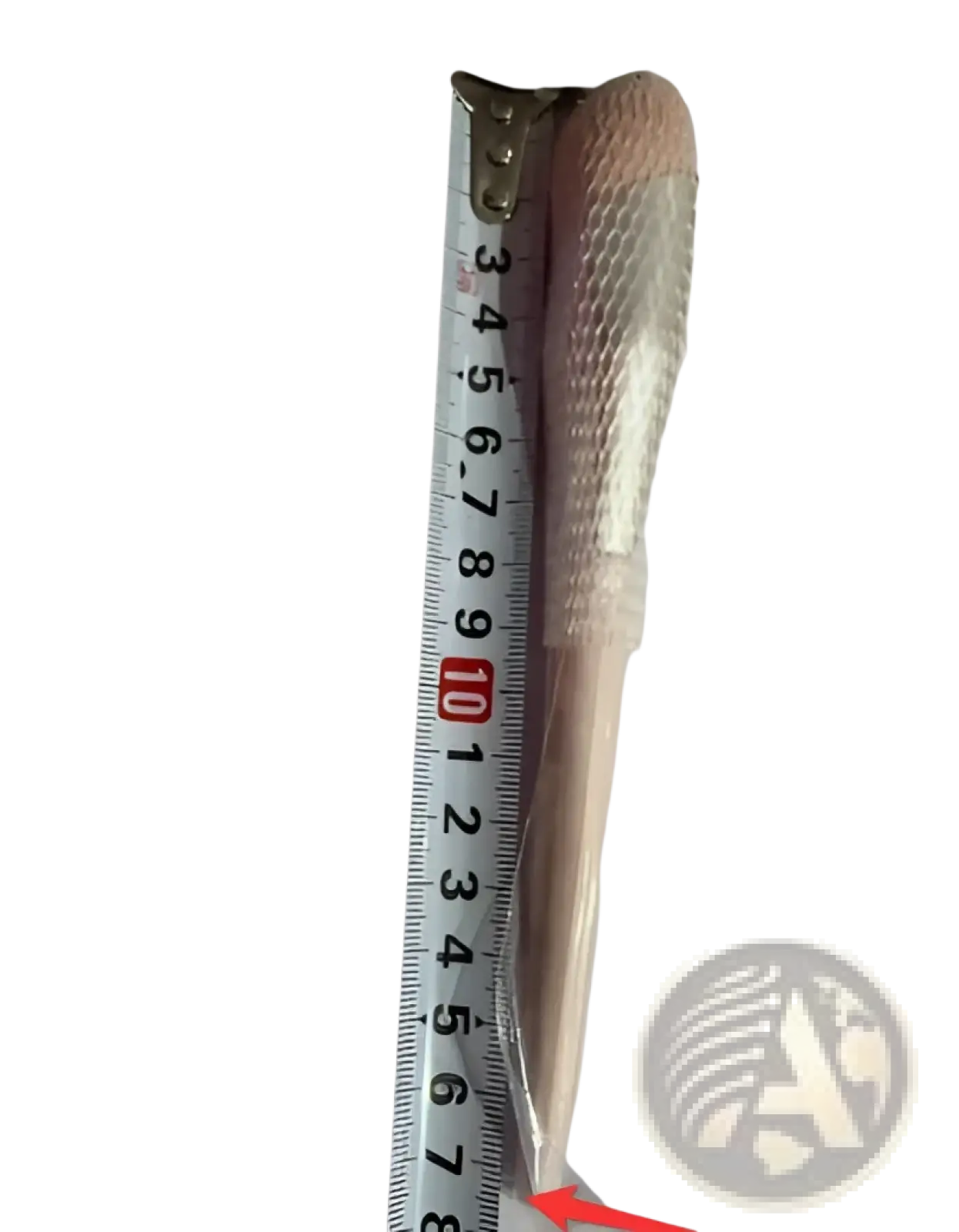 A peach-colored finger belly makeup brush with a textured mesh handle and soft bristles for professional contouring