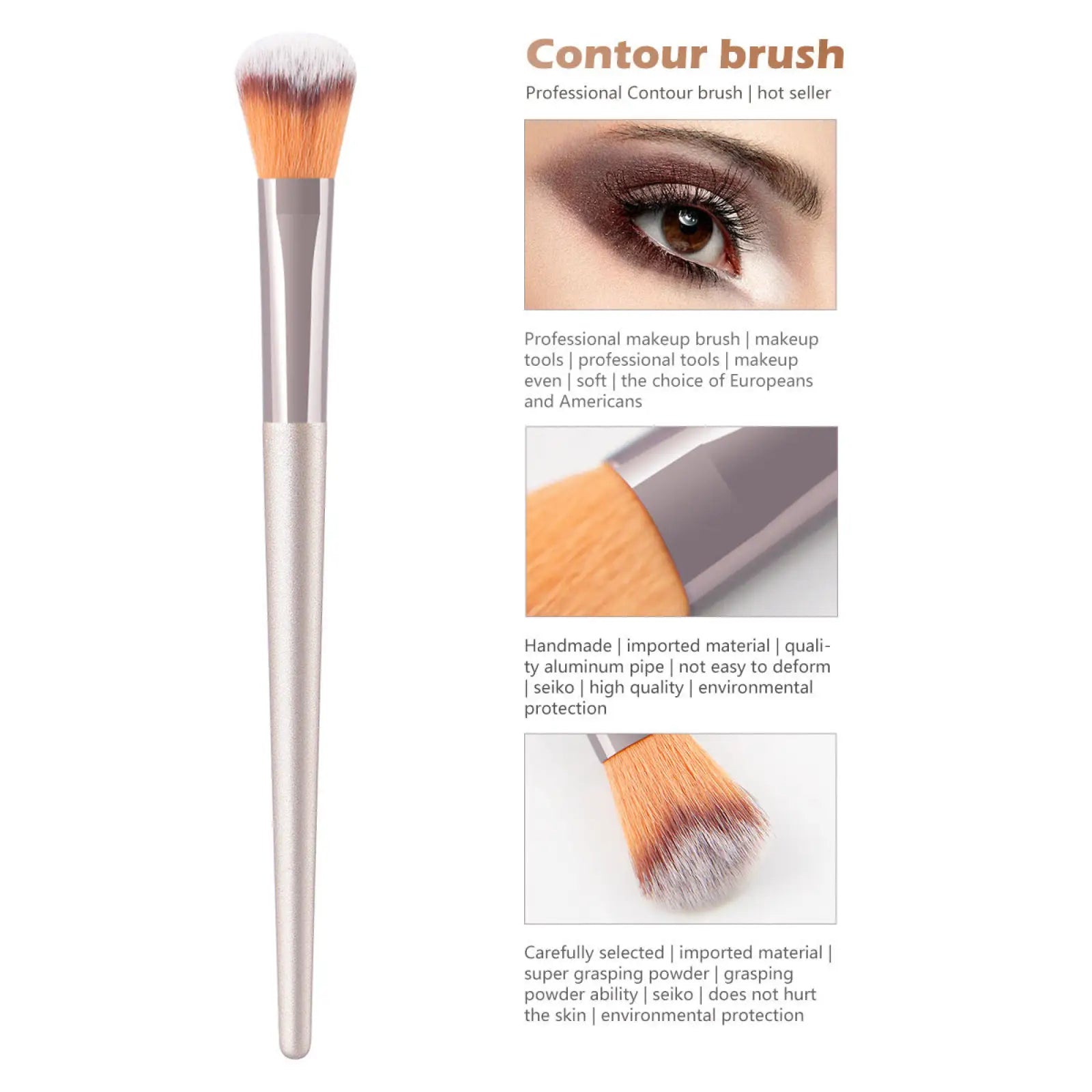 Silver-handled finger belly makeup brush with soft dense orange and white bristles for professional contouring