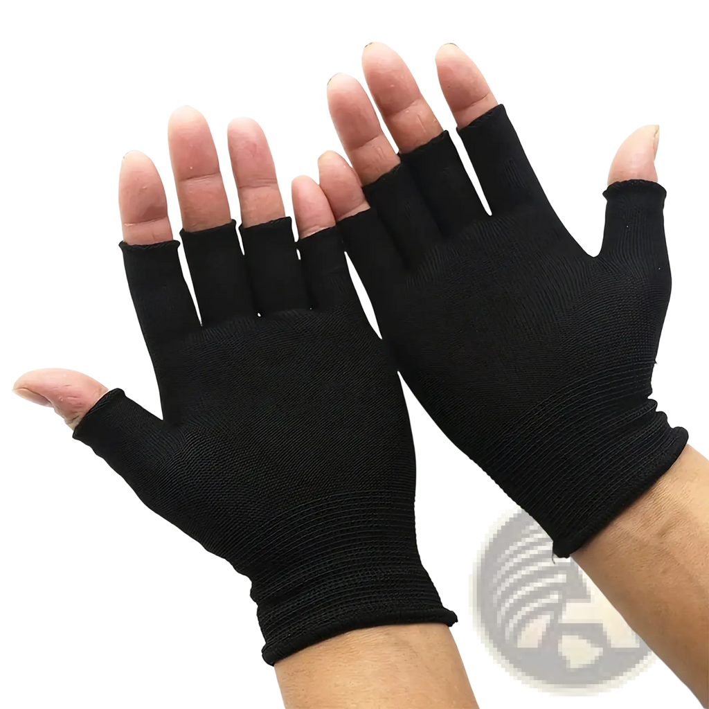 Black fingerless knit gloves made of stretchy fabric providing unisex athletic wrist support, shown from back side