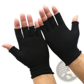 Black fingerless knit gloves made of stretchy fabric providing unisex athletic wrist support, shown from back side