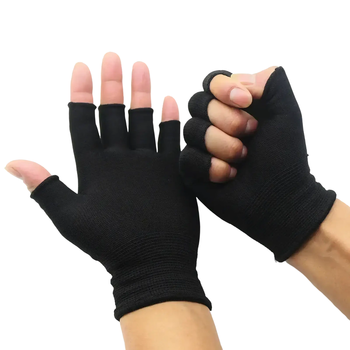 Black fingerless knit gloves made of stretchy fabric providing wrist support and comfort for athletic use
