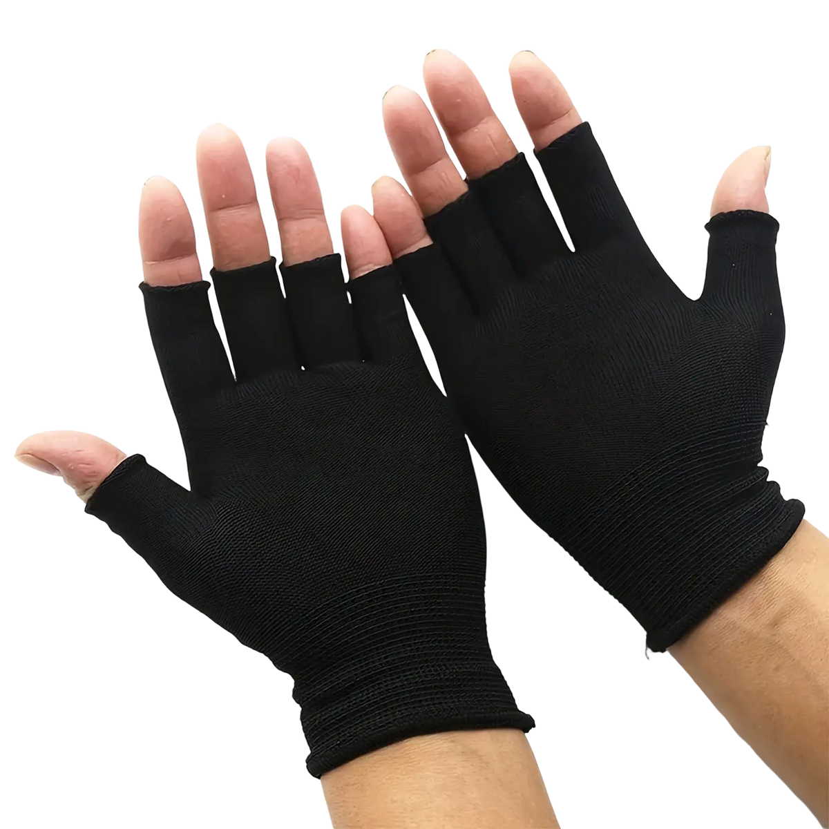 Black fingerless knit gloves made of stretchy fabric providing unisex athletic wrist support, shown from back side