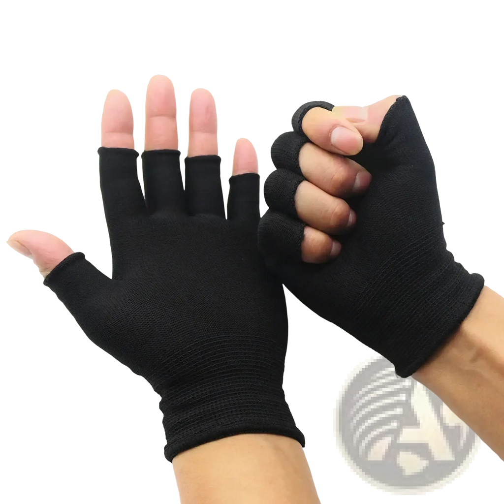 Black fingerless knit gloves made of stretchy fabric offering comfort flexibility and unisex athletic wrist support
