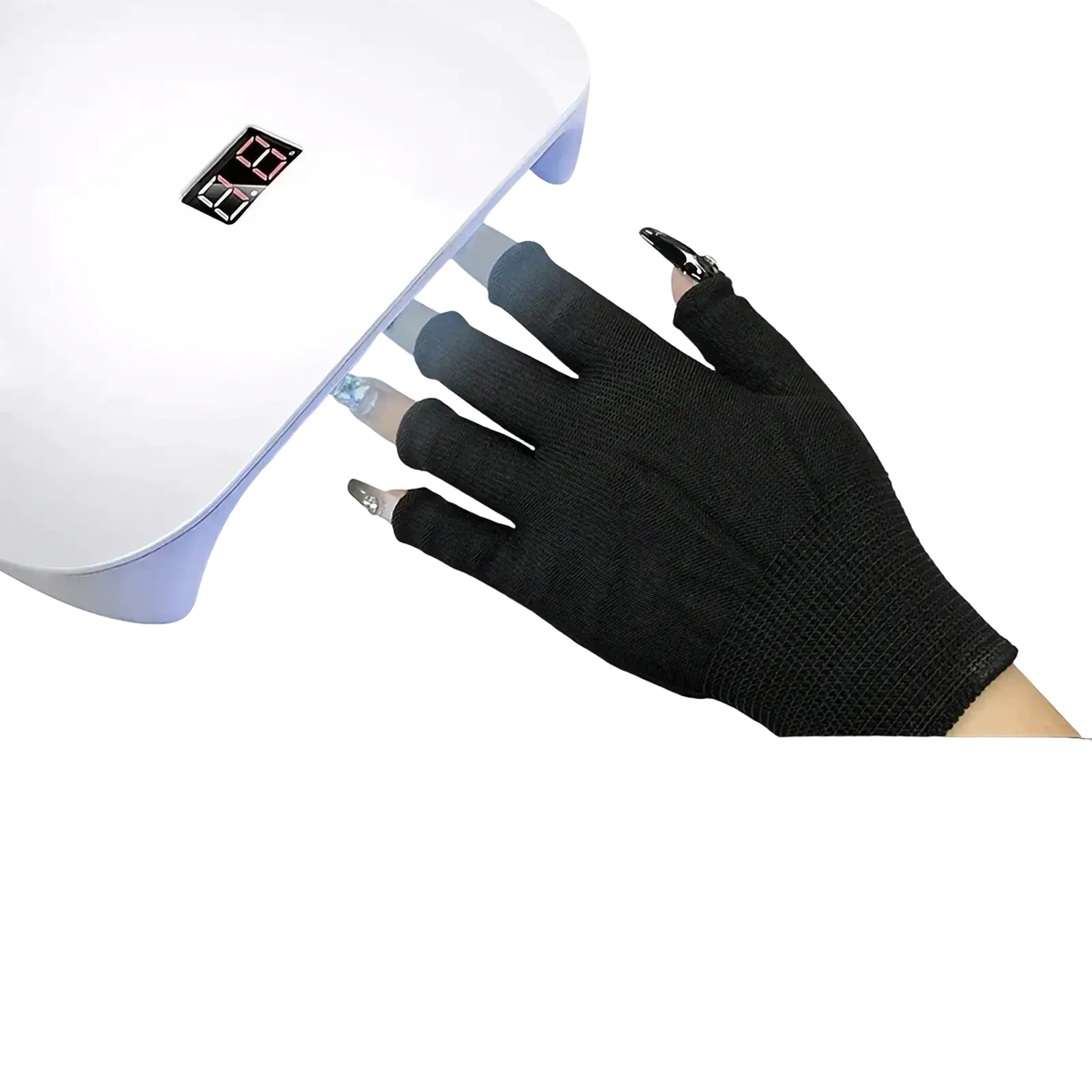 Black fingerless knit gloves with textured fabric providing wrist support worn under white UV LED lamp for drying