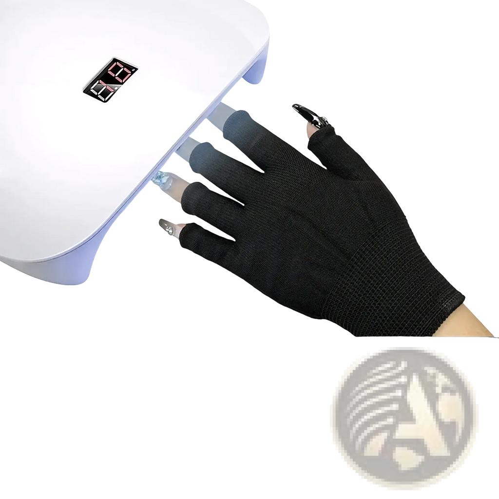 Black fingerless knit gloves made of breathable fabric worn on hand under led lamp for athletic wrist support