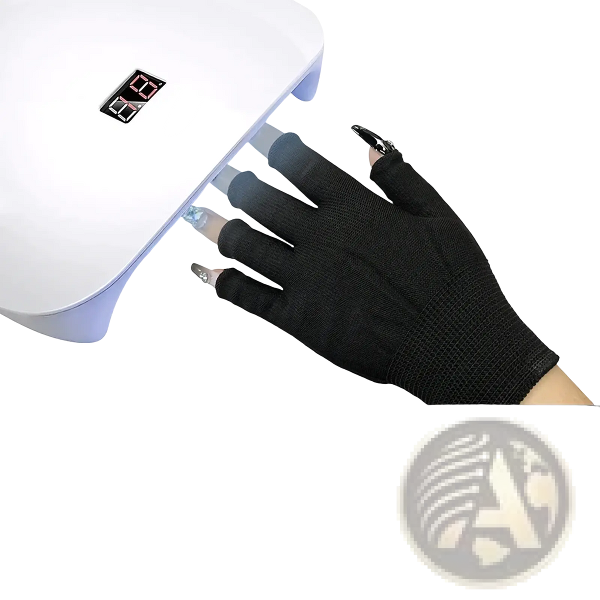 Black fingerless knit gloves made of breathable fabric worn on hand under led lamp for athletic wrist support