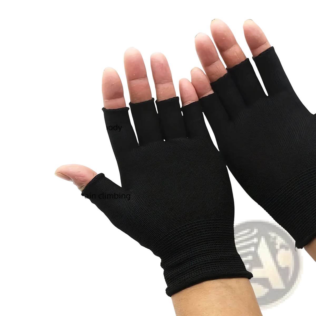 Black fingerless knit gloves with stretchy fabric fit providing unisex athletic wrist support